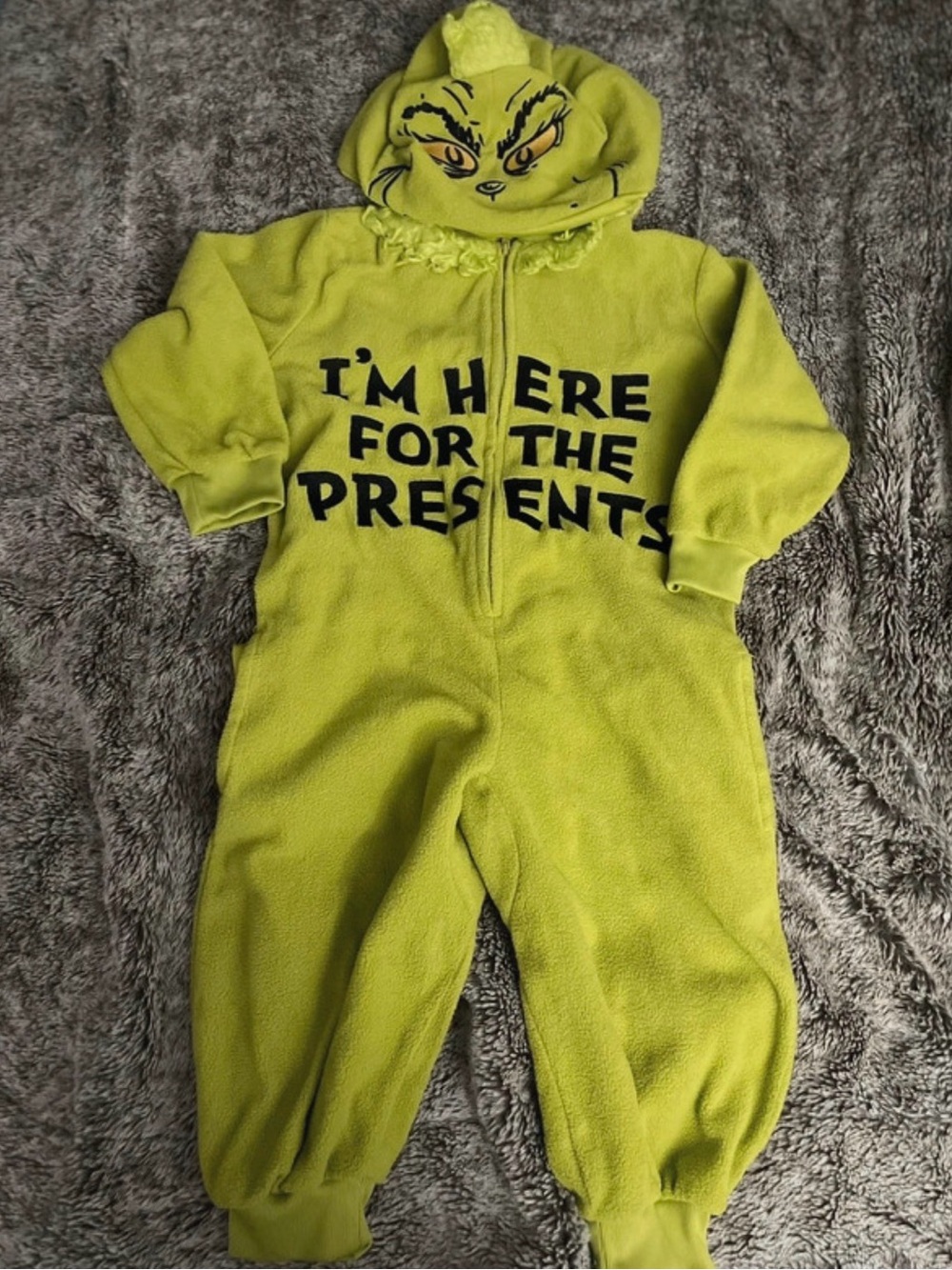 Kids unisex Green "I'm Here for the Presents" One-Piece grinch Hooded Fleece
